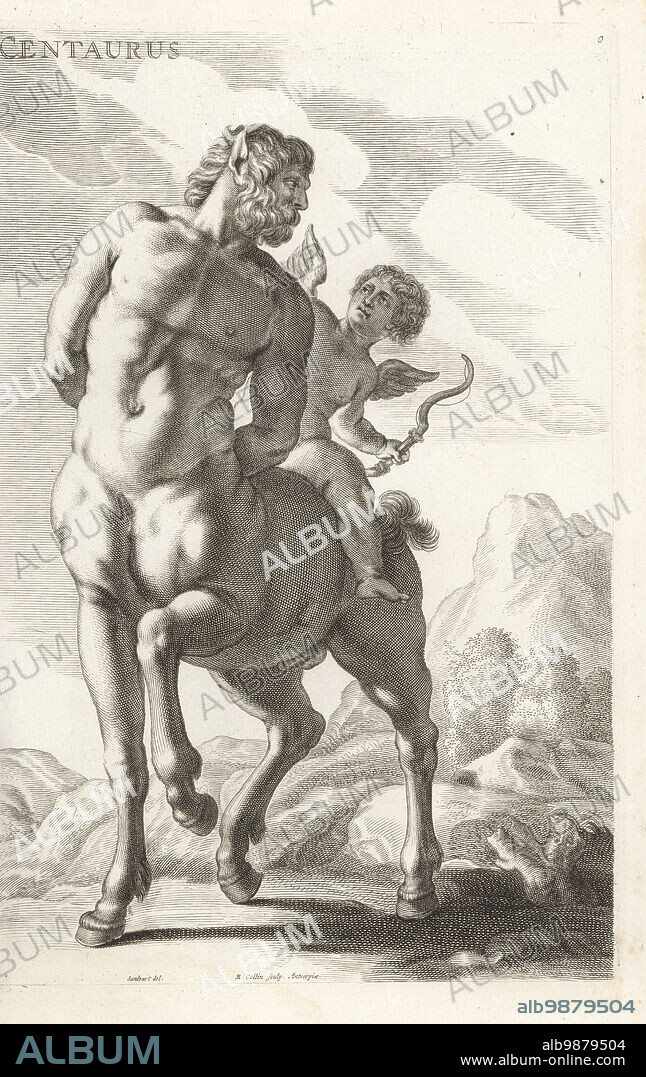 Old centaur teased by Eros. From a sculpture in the Borghese collection, now in the Louvre. Centaurus. Copperplate engraving by Richard Collin after an illustration by Joachim von Sandrart from his LAcademia Todesca, della Architectura, Scultura & Pittura, oder Teutsche Academie, der Edlen Bau- Bild- und Mahlerey-Kunste, German Academy of Architecture, Sculpture and Painting, Jacob von Sandrart, Nuremberg, 1675.