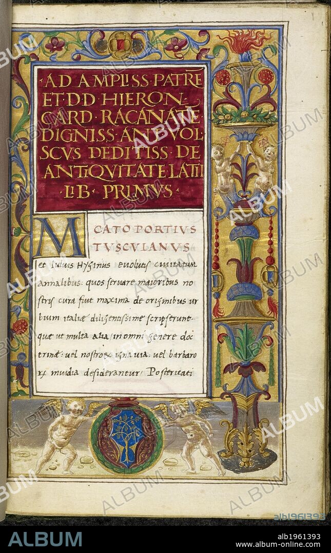 Full border with putti, candelabra, floral and foliate motifs, strings of coral and gem stones. Faceted initial 'M' (Cato Portius Tusculanus), and the coat of arms of Girolamo della Rovere supported by two putti.  . De Antiquitate Latii. Italy, Central (Rome?). Last quarter of the 15th century or 1st quarter of the 16th century. Antonius Volscus. Source: Harley 5050 f.1. Language: Latin.