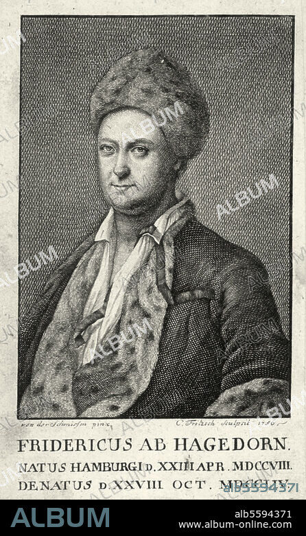 Hagedorn, Friedrich von Dichter Hamburg 23.4.1708 - ebd. 28.10.1754. Porträt. Kupferstich, 1756, von Johann Christian Gottfried Fritzsch (1720-1802/3) nach Gemälde von Dominicus van der Smissen (1704-1760). 12 × 8,2 cm. Berlin, Sammlung Archiv für Kunst und Geschichte.