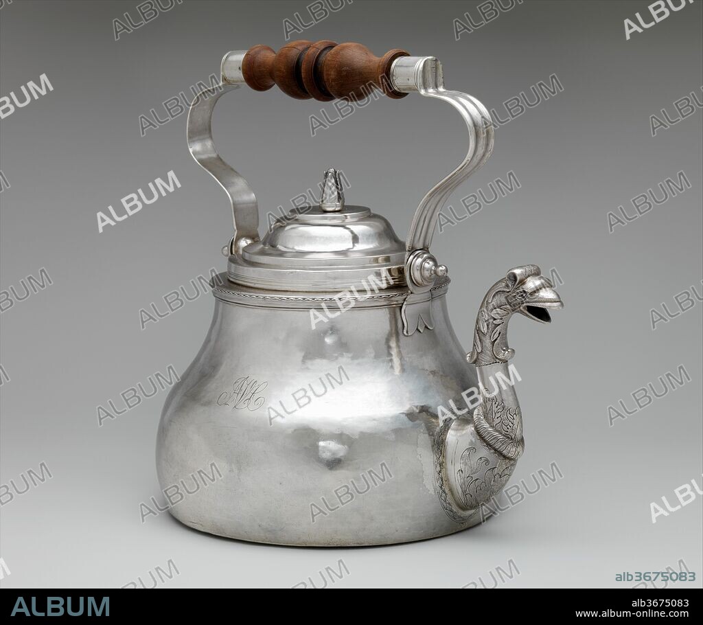 Teakettle. Culture: American. Dimensions: Overall: 10 1/8 x 10 5/8 in. (25.7 x 27 cm); 47 oz. 13 dwt. (1481.7 g)
Base: Diam. 7 3/8 in. (18.7 cm)
Body: H. 7 7/16 in. (18.9 cm). Maker: Cornelius Kierstede (1674-ca. 1757). Date: 1710-20.
As in England and the Netherlands, tea drinking became increasingly popular in colonial America, creating a demand for specialized tea equipment such as teapots, sugar bowls, and creampots. This bold, pear-shaped teakettle with bail handle is an extremely rare form in American silver. Its decorative bird's-head spout, distinctively Dutch in inspiration, enlivens the unadorned body, which probably sat on an accompanying spirit-lamp stand. The kettle descended in the de Peyster family to Anne (Stevenson) Van Cortlandt (1774-1821)--whose initials are engraved in script on the side of the body--and, ultimately, to the donor.