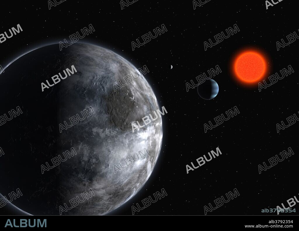 Artist's impression of the planetary system around the red dwarf Gliese 581. Using the instrument HARPS on the ESO 3.6-m telescope, astronomers have uncovered 3 planets, all of relative low-mass: 5, 8 and 15 Earth masses. The five Earth-mass planet (Gliese 581 c, seen in foreground) makes a full orbit around the star in 13 days; the other two orbit in 5 (Gliese 581 b, the blue, Neptunian-like planet) and 84 days (Gliese 581 d, the most remote one) respectively. Release date April 25, 2007.