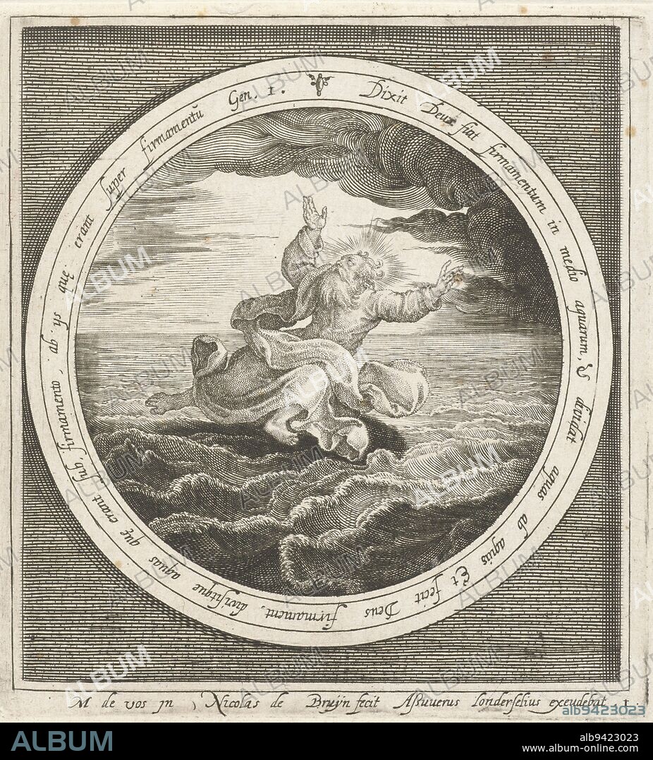 Second day of creation: God separates the bodies of water into heaven and sea. In medallion with inscription in Latin from Genesis 1, within rectangular frame, Second day of creation: God separates the bodies of water in heaven and sea From creation to expulsion from paradise (series title), print maker: Nicolaes de Bruyn, (mentioned on object), Maerten de Vos, (mentioned on object), publisher: Assuerus van Londerseel, (mentioned on object), Netherlands, 1581 - 1656, paper, engraving, h 136 mm × w 126 mm.