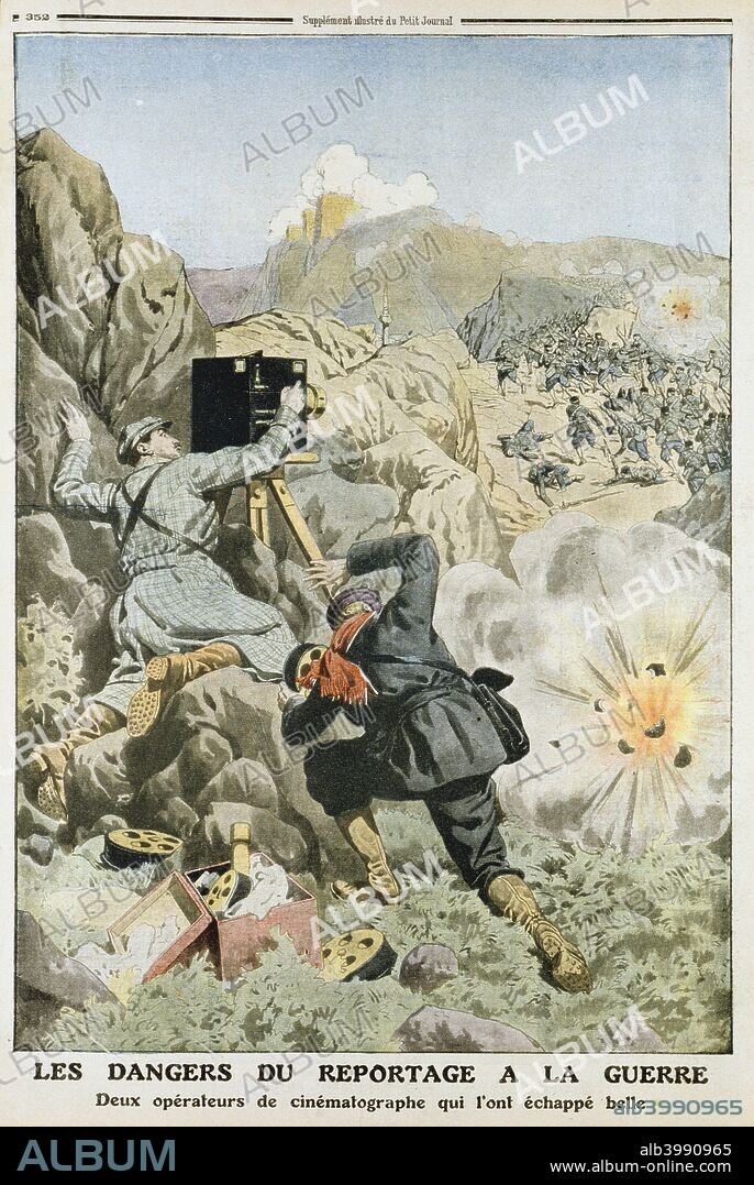 Cameramen under fire while filming in the First Balkan War, 1912. By 1912 cinemas were showing newsreels and war reporters were being accompanied by camera teams. This war was between the Balkan League (Bulgaria, Greece, Serbia and Montenegro) and the Turks (Ottoman Empire) and their repressive policies. From Le Petit Journal. (Paris, 3 November 1912).