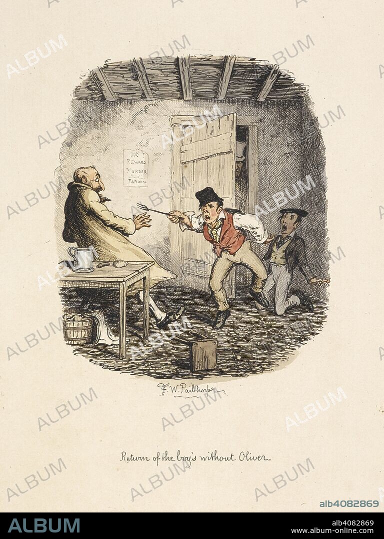 Return of the boy's without Oliver'. Fagin erupts into a rage when the Dodger and Charley return without Oliver Twist.  . Oliver Twist by Charles Dickens. London : Robson & Kerslake, 1885. Source: Dex.312.(2).