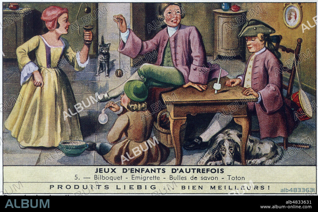 Bilboquet - Emigrette (yo-yo) - Bulles de savon - Toton (toupie), enfantsjouant au 18eme siecle. Serie "Jeux d'enfants d'autrefois" Chromo de la marque LIEBIG. Credit collection privee MA/KHARBINE TAPABOR.