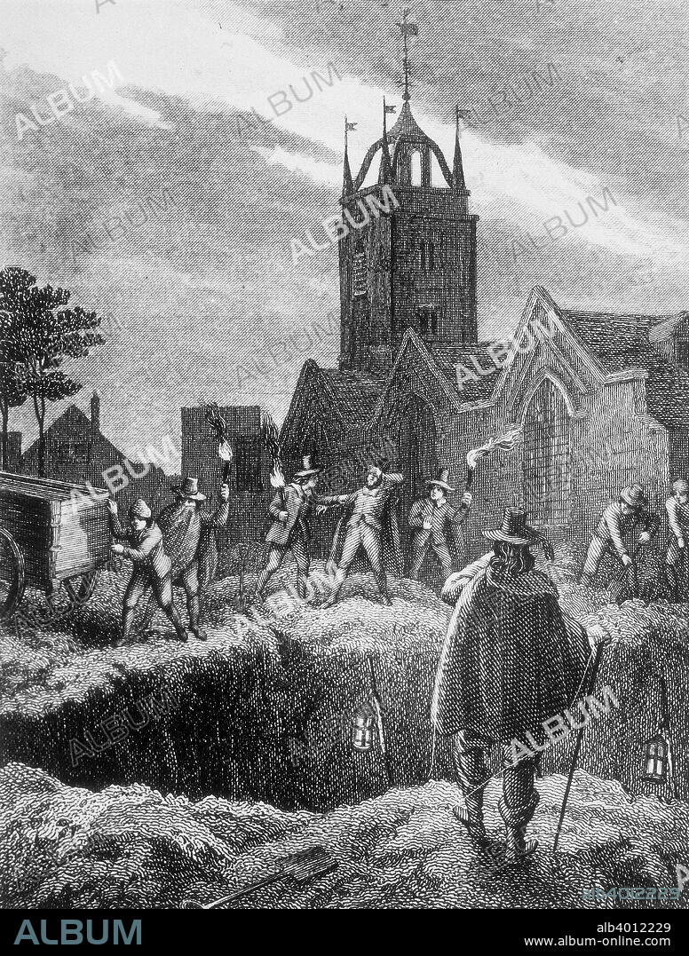 Filling a mass grave at night during the Plague of London, c 1665. Showing a group of men with torches in a churchyard, preparing to empty the contents of a covered cart into an open grave. The Plague, also known as the Black Death, was a disease caused by Yersinia Pestis, an infection carried by fleas living as parasites on rats. The Plague hit London in late 1664, having ravaged Holland the previous year, and killed around 100,000 people in and around the city. The dead were collected at night and thrown into common burial graves.