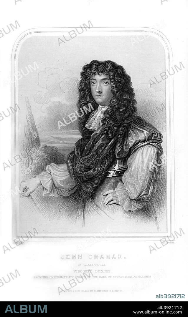 John Graham of Claverhouse, 1st Viscount Dundee, Scottish Jacobite commander, (1870). Bonnie Dundee (c1648-1689) was second in command of the Scottish force sent to help James II's attempt to repel William of Orange in 1688. James made Graham Viscount Dundee, and after James's flight, Dundee raised Scottish forces to help restore James, but was killed at Killiecrankie. An engraving from Robert Chambers' A Biographical Dictionary of Eminent Scotsmen, Blackie and Son, (Glasgow, Edinburgh, and London, 1870).