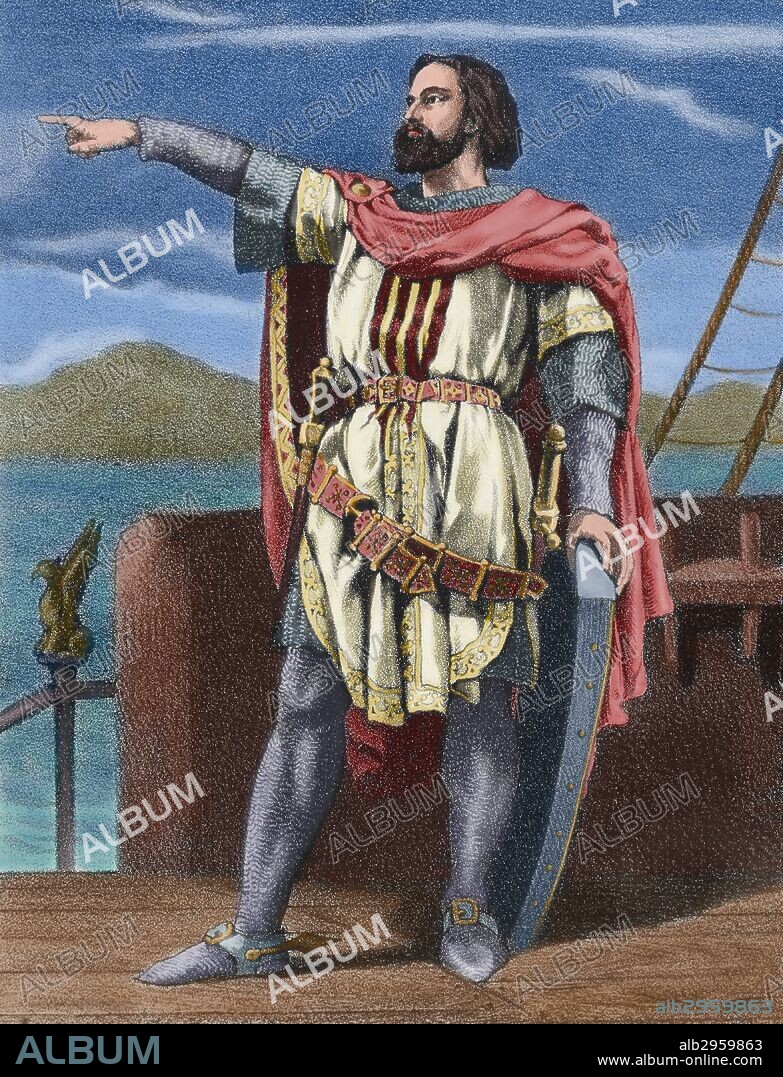 RAMON BERENGUER III, el "Grande" (Rodez, Francia, 1082-Barcelona, 1131). Noble medieval que fue Conde de Barcelona (1097-1131). Hijo de Ramón Berenguer II. Grabado de "Historia de España Ilustrada", del siglo XIX. Coloreado.