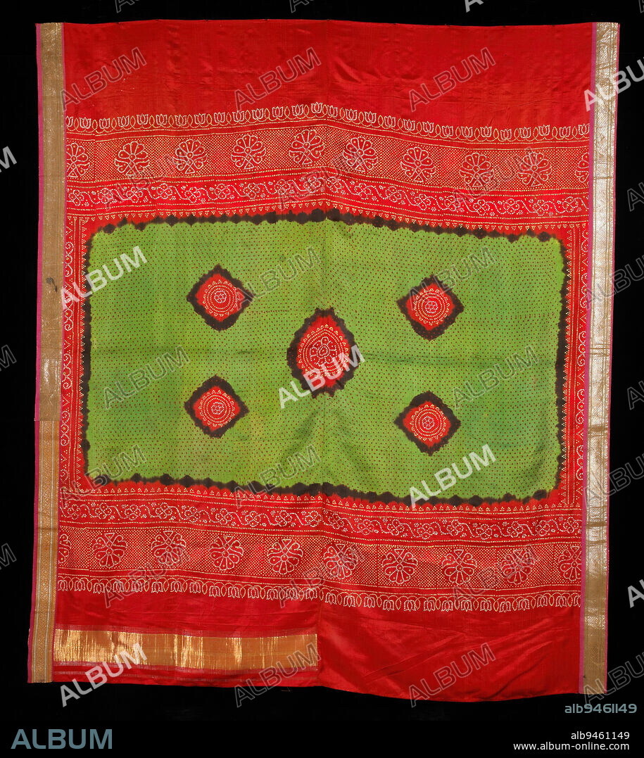 Inner wedding veil (Patori), c. 1925-1950, 62 1/2 x 70 1/16 in. (158.75 x 177.96 cm), Silk, cotton, metallic threads; block print and painting, India, 20th century, Fine tie-dye was a luxury item, often copied by less expensive techniques. Block printing gave a good imitation, as shown by the wedding veil on the right. Its silk ground and metallic threads furthered the illusion of a costly tie-dyed piece.