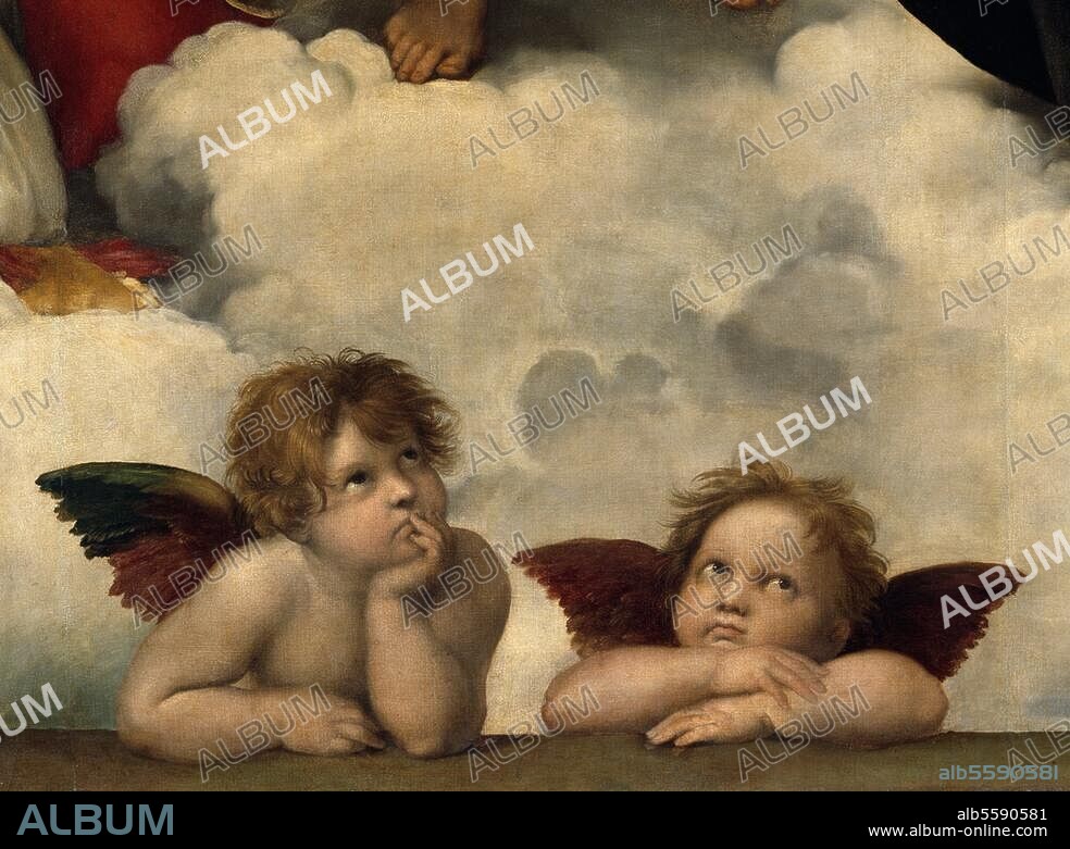 RAPHAEL. Raffael, eigentl. Raffaello Santi 1483-1520. "Die Sixtinische Madonna", um 1513. (Ausschnitt: Engelgruppe). Öl auf Leinwand, 265 × 196 cm. Dresden, Gemäldegalerie, Alte Meister.