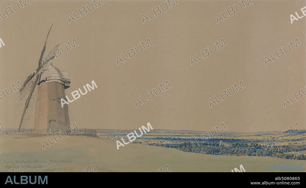 Tysoe Windmill and Church, Warwickshire, William Turner of Oxford, 17891862, British, 1849, Watercolor over graphite on moderately thick, smooth, beige wove paper, Sheet: 8 3/8 x 14 7/8 inches (21.3 x 37.8 cm), agriculture, architectural subject, church, fields, landscape, meadows, plains, trees, valley, windmill, England, Europe, Tysoe, United Kingdom, Warwickshire.
