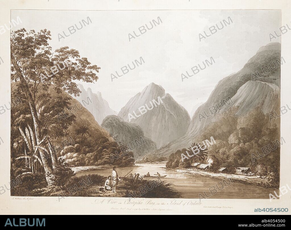 JOHN WEBBER and J WEBBER. A View in Oheitepeha Bay, in the Island of Otaheite. Landscape with two figures in a canoe on a stretch of water surrounded by tall mountains, with thick trees on the lower slopes to either side, thatched buildings on the shore to right and two figures on the shore in the left foreground, one kneeling, the other standing and holding a spear.   . A View in Oheitepeha Bay, in the Island of Otaheite. : Vide Cooks last Voyage, Vol. 2, Chap I. / J. Webber R.A. fecit. London : Pubd Augt 1 1791 by I. Webber, No 312 Oxford Street., [August 1 1791]. 1 print : etching with hand-colouring ; platemark 32.8 x 45.1 cm, on sheet 39.2 x 56.9 cm. Source: Maps.7.Tab.74.c.