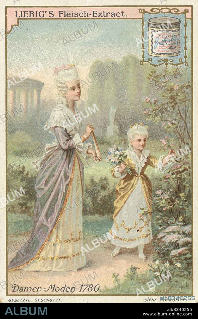 Serie Mode, Damenmode um 1780 / Series fashion, women's fashion around 1780, Liebigbild, digital improved reproduction of a collectible image from the Liebig company, estimated from 1900, pd / digital restaurierte Reproduktion eines Sammelbildes von ca 1900, gemeinfrei.