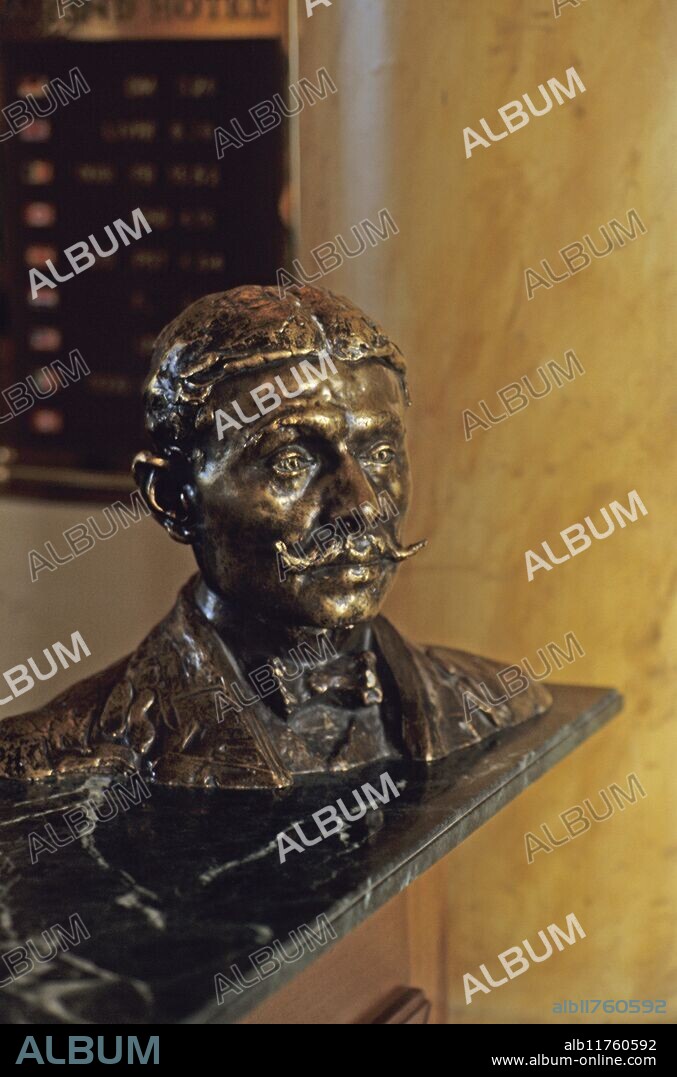 "A bronze bust of the writer Marcel Proust in the foyer of the Grand Hotel, where he stayed and wrote 'Belbec'" *** Local Caption ***.