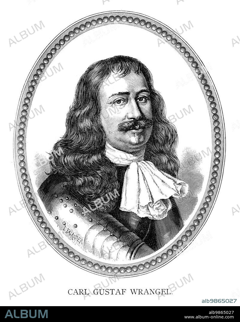 Carl Gustaf Wrangel (also Carl Gustav Wrangel) (born 23 December 1613 in Uppsala) (died 5 July 1676 in Spyker) was a high-ranking Swedish noble, statesman and military commander in the Thirty Years', Torstenson, Bremen, Second Northern and Scanian Wars. Engraving by Ida Falander (1842-1927), published in Starbäck, Bäckström: Berättelser ur Svenska Historien ca 1880.