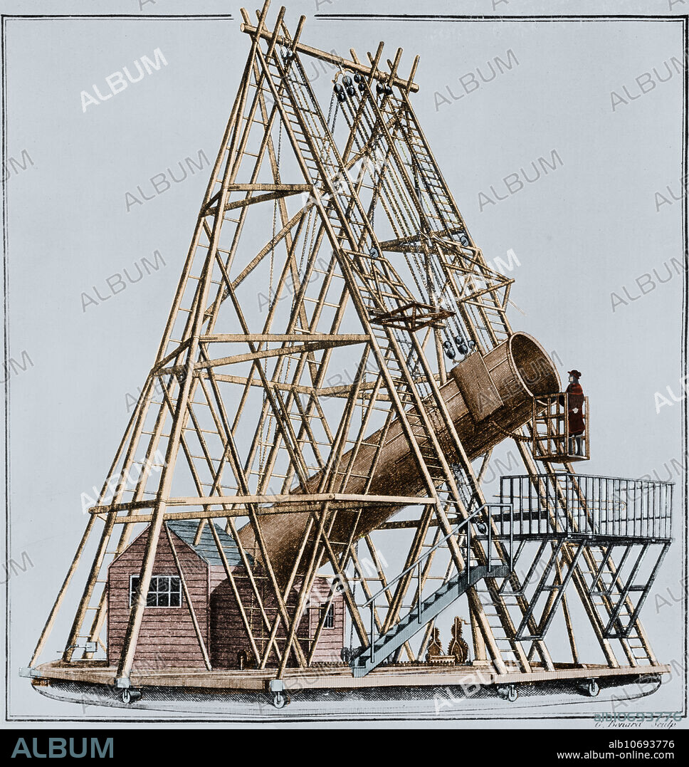 William Herschel's 40 foot telescope, also known as the Great Forty Foot telescope, was a reflecting telescope constructed between 1785 and 1789 at Observatory House in Slough, England. It used a 47 inch diameter primary mirror with a 1,200 cm focal length. It was the largest telescope in the world for 50 years. It may have been used to discover Enceladus and Mimas, the 6th and 7th moons of Saturn. It was dismantled in 1840, today the original mirror and a 10 foot section of the tube remain.