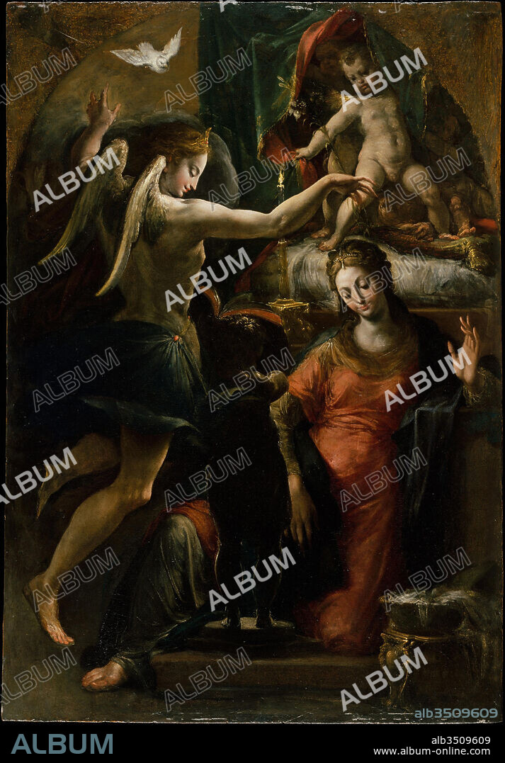 The Annunciation, Oil on wood, 33 3/8 x 23 1/8 in. (84.8 x 58.7 cm), Paintings, Attributed to Girolamo Mazzola Bedoli (Italian, Viadana ca. 1505–ca. 1570 Parma), Unusual for showing the annunciation of Christ’s birth as taking place in the Virgin’s bedroom at night, by candlelight, this vibrant oil sketch is rapidly painted on a rough panel and incorporates numerous changes.