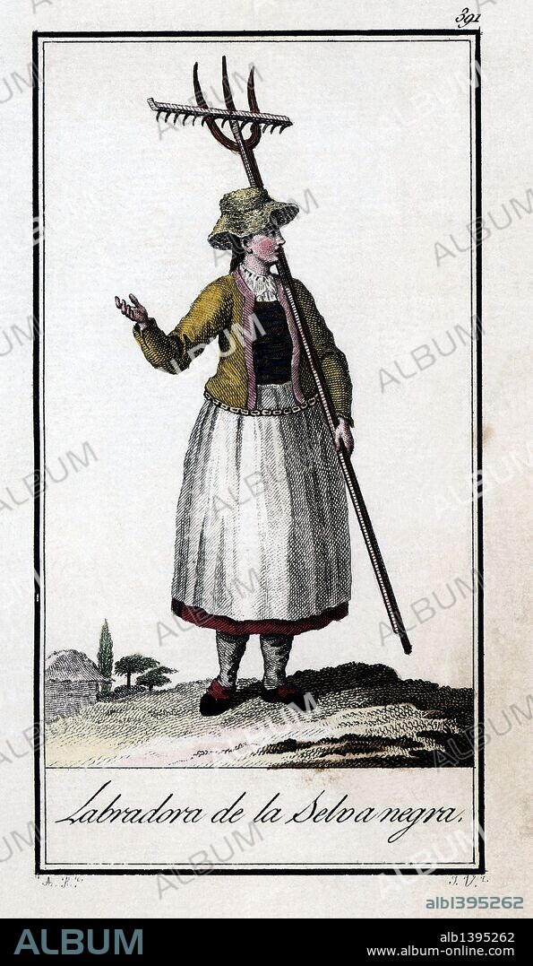 Mujer labradora de la Selva Negra. Grabado en color de 1805.
