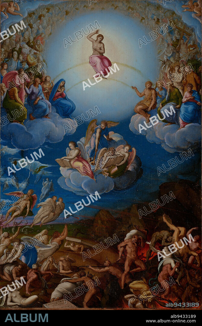 The Last Judgment, c. 1550, Attributed to Roviale Spagnolo (Pedro Rubiales), Spanish, (active Italy), 1511? - 1582?, 11 3/8 x 7 1/2 in. (28.89 x 19.05 cm) (image)11 7/8 x 8 x 1/4 in. (30.16 x 20.32 x 0.64 cm) (panel)20 x 14 3/4 x 2 1/8 in. (50.8 x 37.47 x 5.4 cm) (outer frame), Tempera on panel, Italy, 16th century, When Michelangelos Last Judgment in the Sistine Chapel was unveiled in 1541, it elicited great wonder, as well as a thriving business in copies and a heated debate concerning the figures nudity. In 1564 the controversy was quenched when strategically placed draperies were painted to cover the most provocative parts. This panel is based on the Sistine model after its censorship. Although a number of figure groups have been eliminated, the overall composition remains largely the same. In particular, it emphasizes the figure of Christ as the supreme judge by isolating him and distancing him from the surrounding choirs of heaven.
