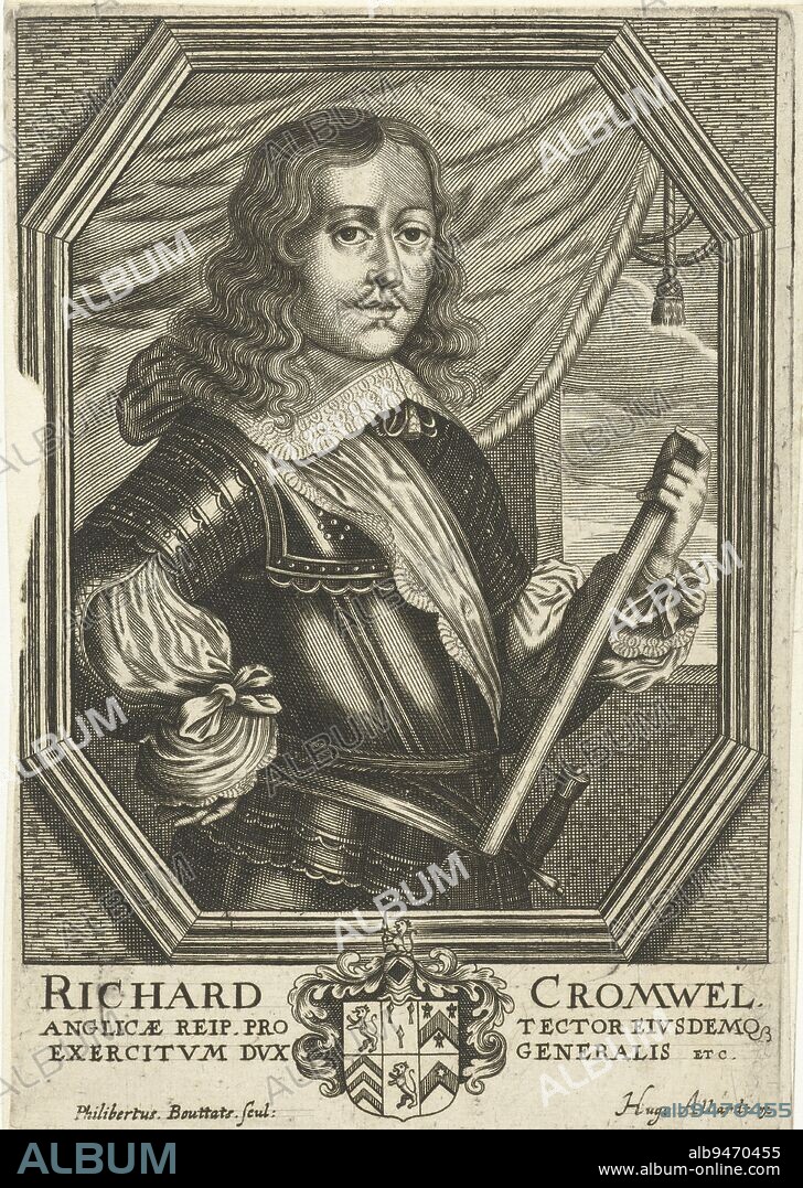 Portrait of Richard Cromwell, Philibert Bouttats, after c. 1664 - before 1734, Portrait of Richard Cromwell, the third son of Oliver Cromwell and 'Lord Protector' of England, Scotland and Ireland, in octagonal frame. Portrait at half-length, to the right. Richard Cromwell wears armor and in his left hand he holds a batton. Coat of arms in the lower center. The print has a Latin caption., print maker: Philibert Bouttats, (mentioned on object), publisher: Hugo Allard (I), (mentioned on object), after c. 1664 - before 1734, paper, engraving, w 115 mm × h 168 mm.