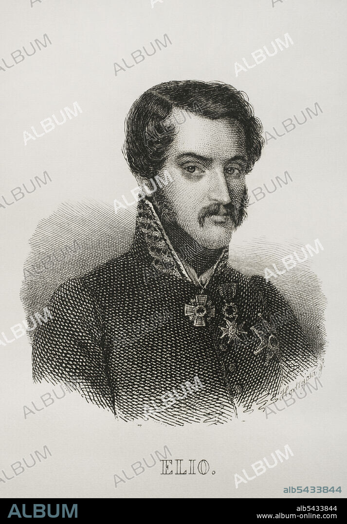 HORTIGOSA. 19TH CENTURY-SPANISH ENGRAVER.. Joaquín Elío y Ezpeleta (1806-1876). General español que luchó en el bando carlista en las tres guerras. Nombrado duque de Elio por el pretendiente al trono don Carlos. Retrato. Grabado por Hortigosa. Panorama Español, Crónica Contemporánea. Tomo III. Madrid, 1845.