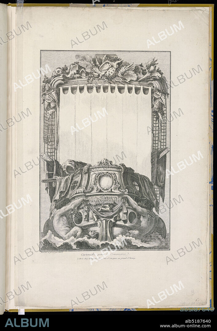 Cartouche in the Shape of a Snail on Top of a Ship, Pierre Edme Babel, French, ca. 1720-1775, Pierre Edme Babel, French, ca. 1720-1775, Jacques-Gabriel Huquier, French, 1725 - 1805, Etching on white laid paper, Design for a title page in the form of a ship. The prow of a ship is supported by two mer-creatures on either side. Above, the sail of the ship functions as a rectangular cartouche where text would be placed. A variety of shells, coral and seaweed adorn the area above the sail., France, 17001775, ornament, Print, Print.