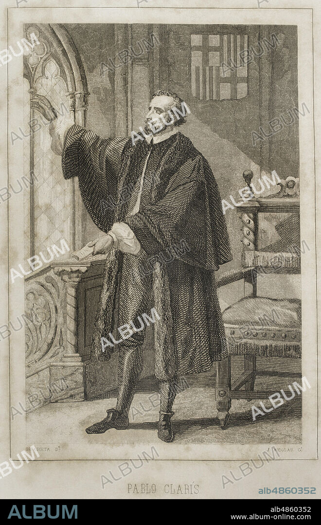 Pau Claris i Casademunt (1586-1641). Político y eclesiástico catalán, canónigo de la catedral de Urgel, y 94º presidente de la Generalitat de Cataluña (1638-1641) al inicio de la Guerra de los Segadores. Retrato. Dibujo por Urrabieta. Grabado por J. Nicolau. Historia de Cataluña y de la Corona de Aragón, por Victor Balaguer. Barcelona,1863.