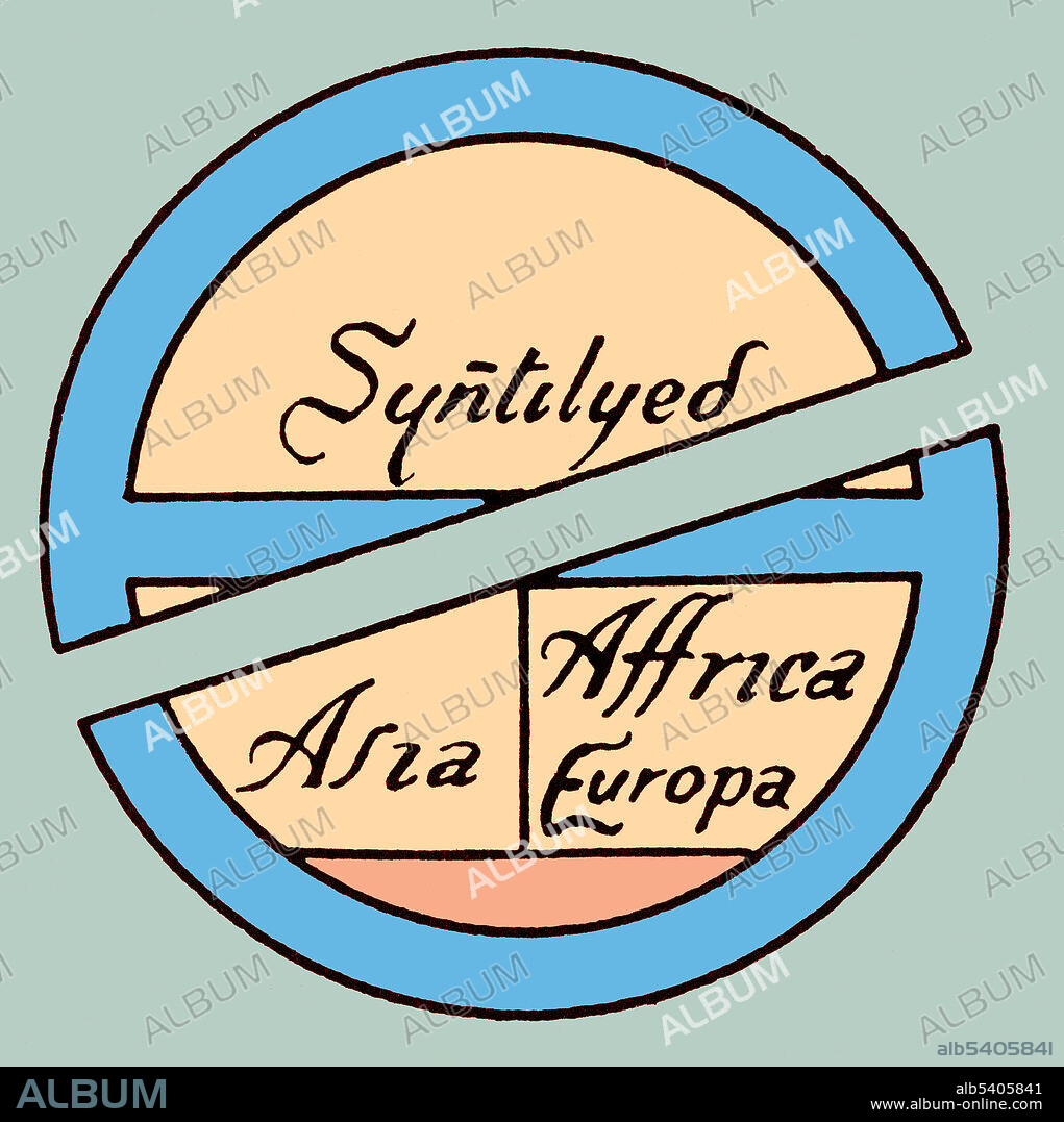 Diagrammatic T-O map. The world portrayed as a circle divided by a T shape into three continents, Asia, Europe, and Africa. At the base of the circle is Gades. A T and O map or O-T or T-O map (orbis terrarum, orb or circle of the lands; with the letter T inside an O), is a type of medieval world map, sometimes also called a Beatine map or a Beatus map because one of the earliest known representations of this sort is attributed to Beatus of Liébana, an 8th century Spanish monk. The T is the Mediterranean, the Nile, and the Don (formerly called the Tanais) dividing the three continents, Asia, Europe and Africa, and the O is the encircling ocean.