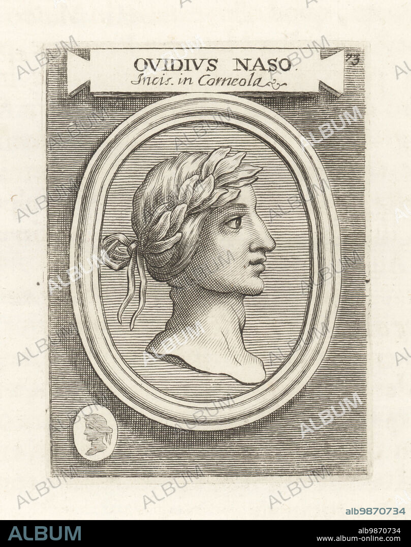 Ovid, Roman poet who lived during the reign of Augustus, 43 BC-c.17 AD. In laurel crown. Engraved cornelian gem. Publius Ovidius Naso. Incis. in Corneola. Copperplate engraving from Francesco Valesio, Antonio Gori and Ridolfino Venutis Academia Etrusca, Museum Cortonense in quo Vetera Monumenta, (Etruscan Academy or Museum of Cortona), Faustus Amideus, Rome, 1750.