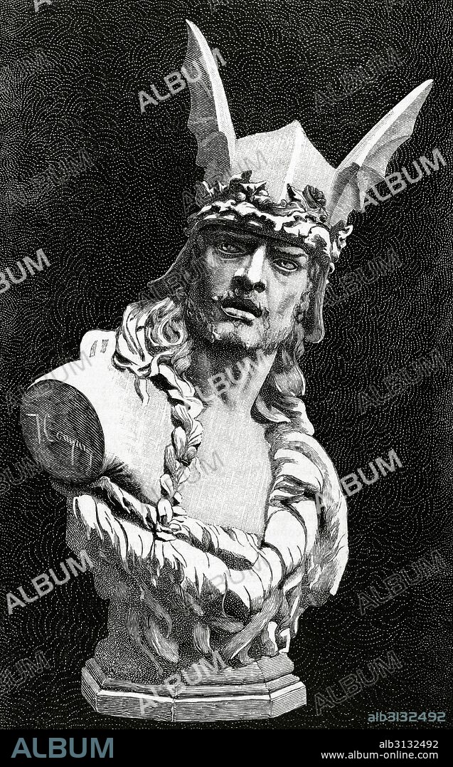 Vercingetorix (c. 82 BC- 46 BC). King and chieftain of the Arverni tribe. He united the Gauls in a revolt against Roman forces during the last phase of Julius Caesar's Gallic Wars. Portrait. Engraving. "La Ilustracion", 1883.