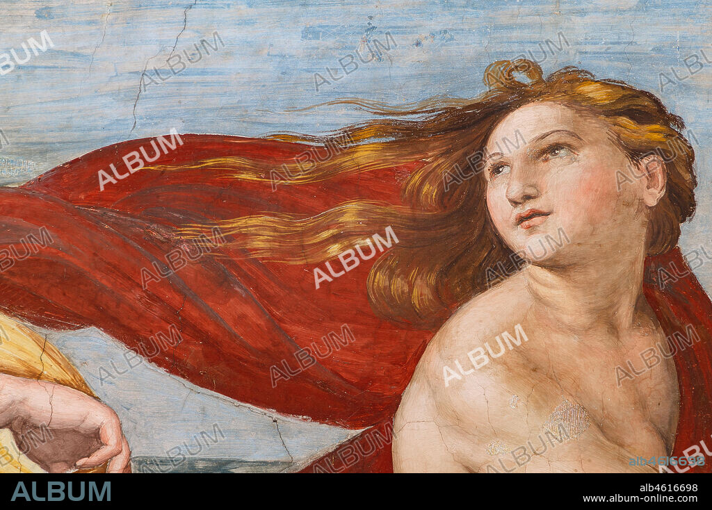 Rome, Villa Farnesina, the Loggia of Galatea: . "The Triumph of Galatea", by Raphael (1513 - 4). Galatea was the beautiful nymph whom Raphael depicted amongst a throng of sea creatures as she speeds away from her admirer on a fantastical shell drawn by dolphins.. Detail.
