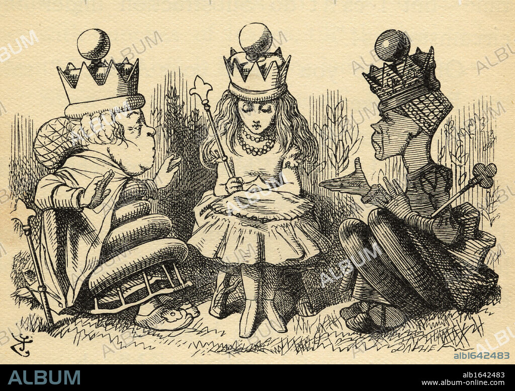 Alice with The White Queen and The Red Queen.Illustration by Sir John Tenniel, 1820-1914. From the book "Through the Looking-Glass and What Alice Found There" by Lewis Carroll. Published London 1912.