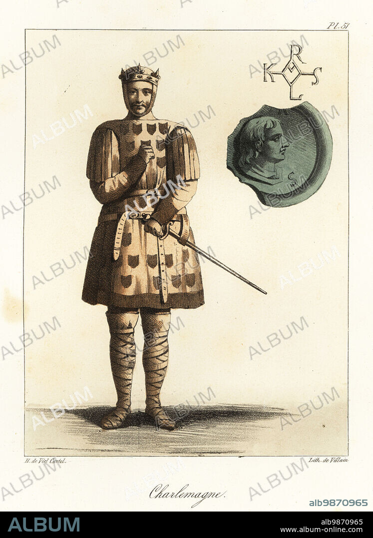 Suit of armour and seal (Karolus) of Charlemagne or Charles the Great, King of the Franks, Emperor of the Romans, 748-814. He wears Frankish national costume with Roman elements. Helmet with crowm, quilted tunic (tunica) decorated with shields, trousers (feminalia), leggings (tibialia) wrapped with bands (crura fasciolis). Handcoloured lithograph by Villain after an illustration by Horace de Viel-Castel from his Collection des costumes, armes et meubles pour servir à l'histoire de la France (Collection of costumes, weapons and furniture to be used in the history of France), Treuttel & Wurtz, Bossange, 1827.