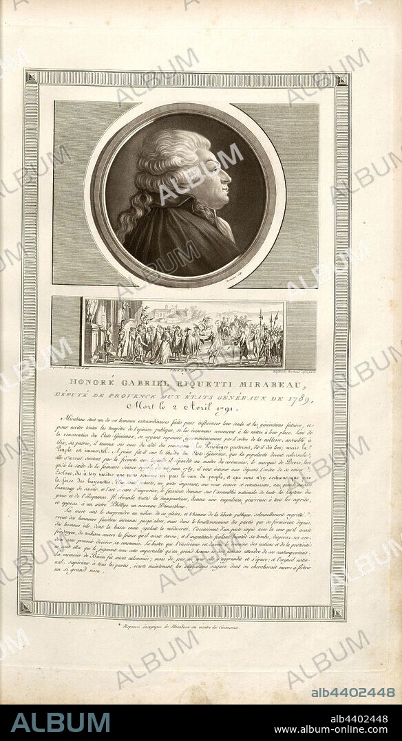 Honored Gabriel Riquetti Mirabeau, deputy of Provence at the Estates General of 1789, died April 2, 1791, Portrait of Honoré Gabriel de Riqueti, comte de Mirabeau and Mirabeau answers the master of ceremonies, signed: levachez sculp, Duplessi-Bertaux inv. Et del, Duplessi-Bertaux aqua forti, Fig. 10, p. 27, Levachez, Charles François Gabriel (sc.); Duplessi Bertaux, Jean (inv. et del.; aqua forti), Collection complète des tableaux historiques de la Révolution française en trois volumes [...]. Bd. 3. A Paris: chez Auber, Editeur, et seul Propriétaire: de l'Imprimerie de Pierre Didot l'aîné, an XI de la République Francçaise M. DCCCII.
