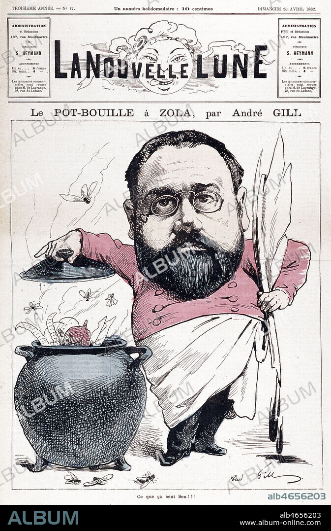 Caricature portrait charge d' Emile Zola: 'Le Pot-Bouille a Zola' ' ce que ca sent bon!!!' Caricature par Andre GILL (1840-1885) pour La Nouvelle Lune du 23 avril 1882. Credit: Collection Jonas/Kharbine-Tapabor.