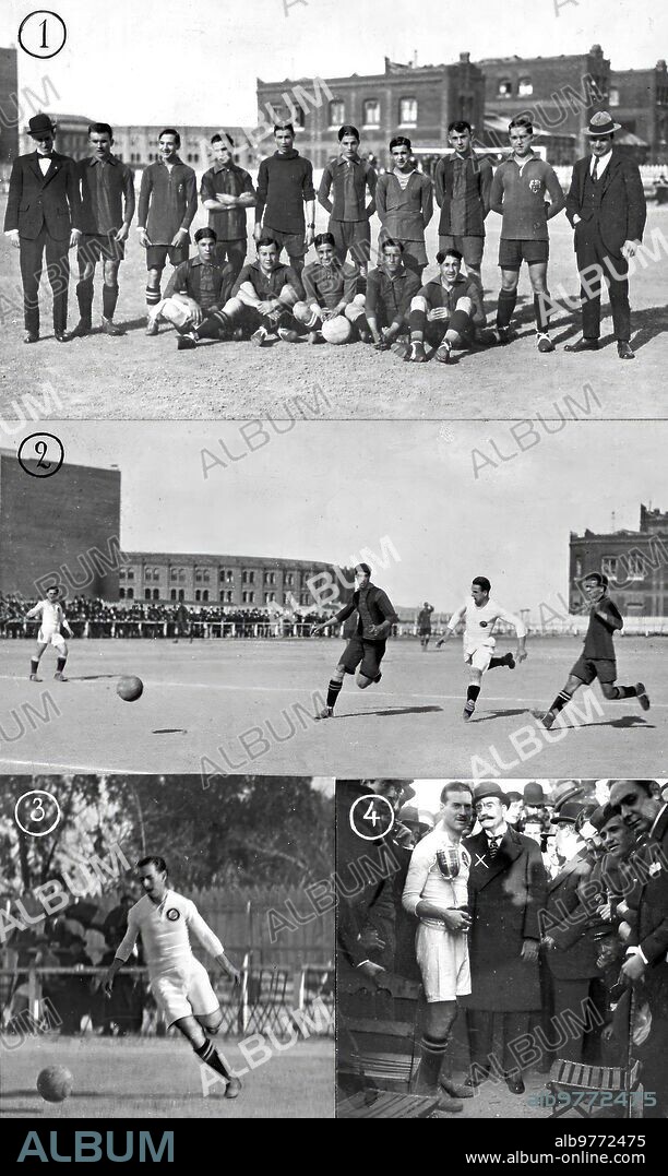 Abril 1917. El fútbol en Madrid.  1.-equipo del Barcelona F.C., que Disputó al Madrid La "copa Foronda". 2.-un ataque de los Delanteros Madrileños A la portería del Barcelona. 3.-Sotero Arangure, Preparándose Para "Centrar". 4.- D. Mariao Foronda (X) Entregando la copa al capitán del equipo vencedor.