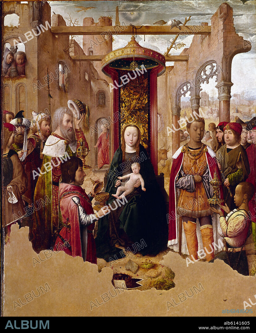 JUAN DE FLANDES. ADORACION DE LOS REYES MAGOS - 1495 - RENACIMIENTO HISPANO-FLAMENCO - PINTURA DEL RETABLO - Supuesto retrato de Fernando II El Catolico  de Rodillas.
