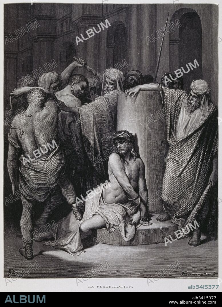 The flagellation of Christ; Illustration from the Dore Bible 1866. French artist and illustrator Gustave Doré (1832–1883), published a series of 241 wood engravings for a new deluxe edition of the 1843 French translation of the Vulgate Bible, popularly known as the Bible de Tours. This new edition was known as La Grande Bible de Tours and its illustrations were immensely successful.
