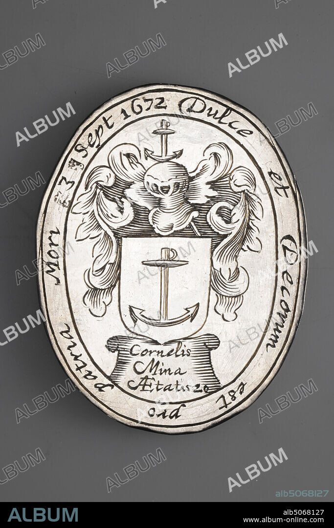 family medal, Dirck van Werckhoven, 1672, engraved, General: 6,2 x 4,8cm 62 x 48mm, Weight: 29,7g, book, family crest, rifle, landscape, minerva, man, Silver oval engraved funeral medal of the student Cornelis Mina , 1672. On the obverse an image of the family coat of arms of Cornelis Mina, consisting of a coat of arms with an anchor on an empty field, crowned with an anchor under a helmet. Underneath in a cartouche: Cornelis Mina Aetatis 20. Between two lines around it the circular: Dulce et Decorum est pro patria mori 3 Sept 1672. On the back is a standing Minerva depicted in a landscape with a tree, which drops some books, at her feet lies the fallen student Mina with a sword in her hand and a rifle on the ground beside him. Between two lines around it the circular: To GOD the soul The Lyck grave to us this gave MINERVAS Soon syn trouheyts Loon Was Manors Punishment., 1888.