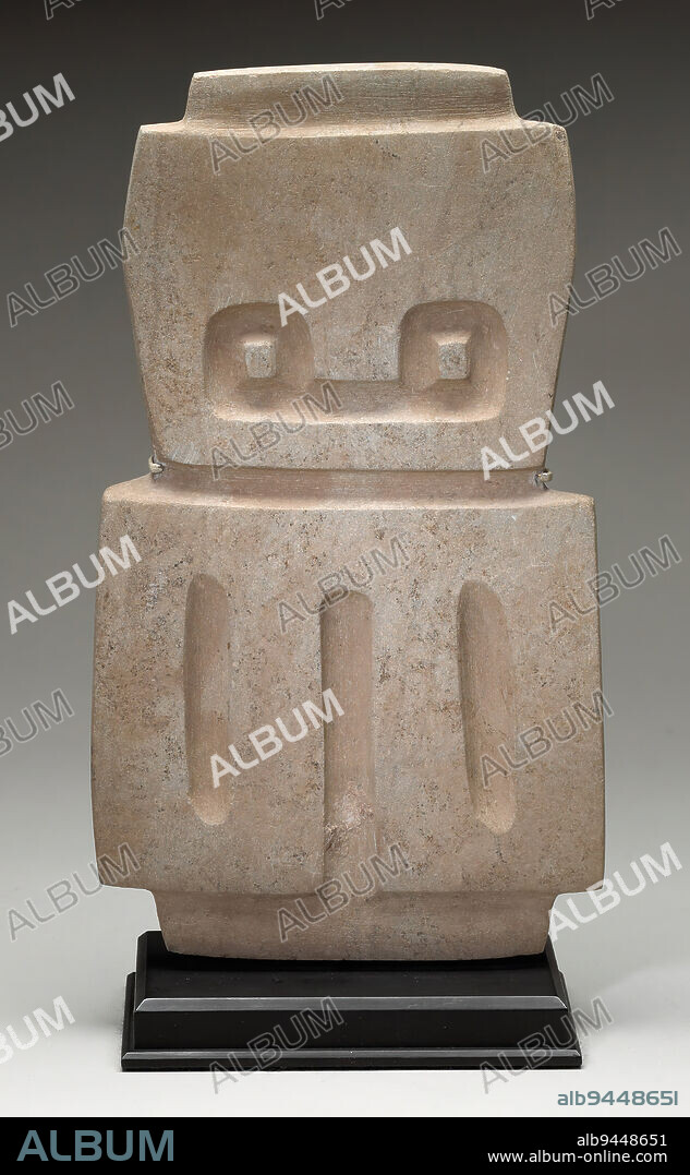 Figure, 4000-3000 BCE, 13 x 7 7/16 x 1 in. (33.02 x 18.89 x 2.54 cm), Tufa, Ecuador, 40th-29th century BCE, One of the earliest sculptural traditions of the ancient Americas was that of the Valdivia culture, which began around 3550 BC and lasted until approximately 1500 BC along the Pacific Coast of present-day Ecuador. Valdivian artists created figures out of both stone and ceramic, portraying men, women and animals in a variety of sizes. Sculptures such as this one are believed to depict a stylized owl, perhaps with supernatural associations relating to the bird's nocturnal habits.