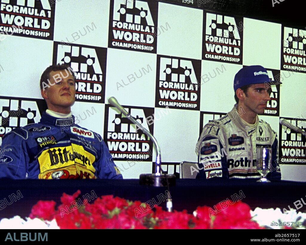 Damon Hill and Michael Schumacher during a press conference in Adelaide after controversial the Australian GP, 1994.
