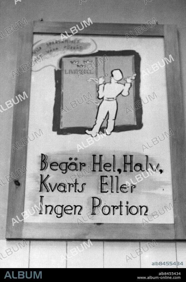 Skånska luftvärnskåren LV 4 i Malmö juni 1944.. Tavla i matsalen.om att begära eller avstå portion.. (c) Sydsvenskan /IBL Bildbyrå.