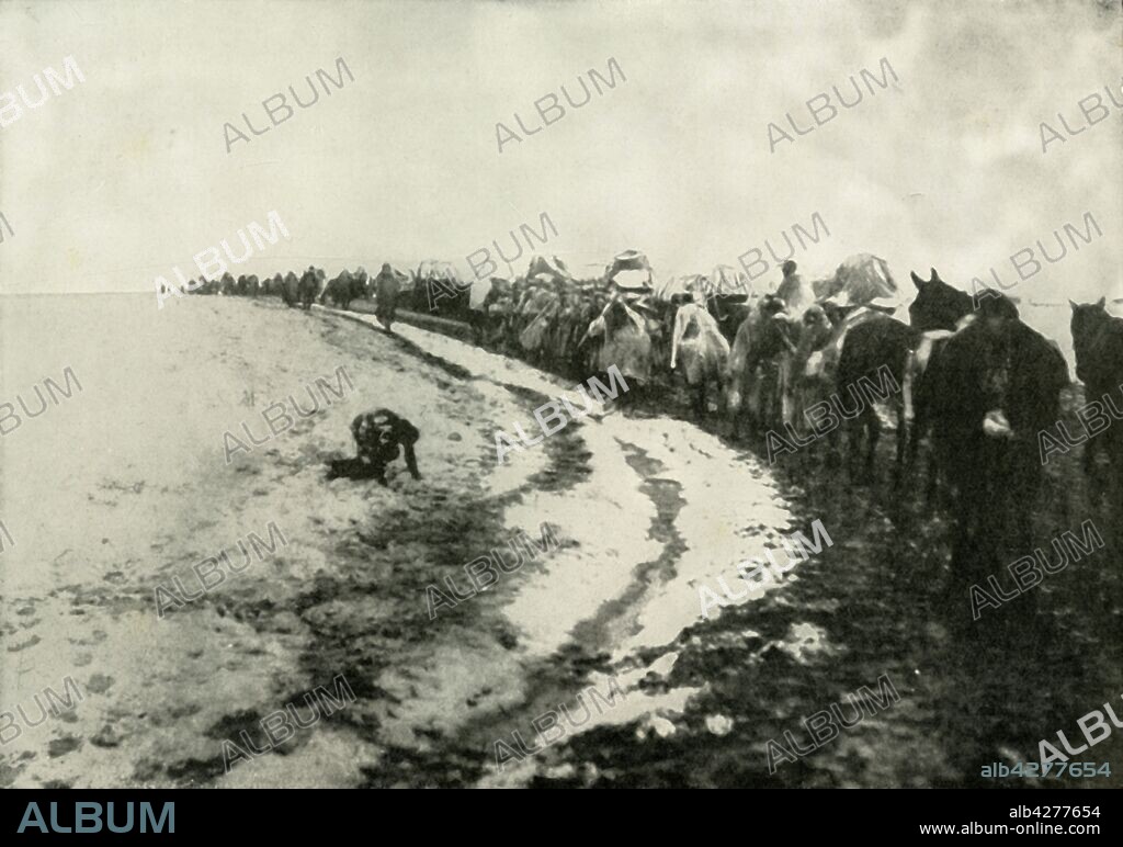 'The Great Serbian Retreat', (1919). The Serbian army's 1915 retreat through the mountains of Albania during the First World War: 'The crossing of the great plain of Kossovo was perhaps the most tragic incident in the great retreat. Snow lay thick on the ground, rivers were in flood, and the fugitive panic-stricken peasantry fled their country with...the enemy in close pursuit.' Some 240,000 died from cold, starvation, disease, and attacks by Albanian tribesmen. From "The History of the Great European War: its causes and effects", Vol. VI, by W. Stanley Macbean Knight. [Caxton Pulishing Company, Limited, London, 1919].