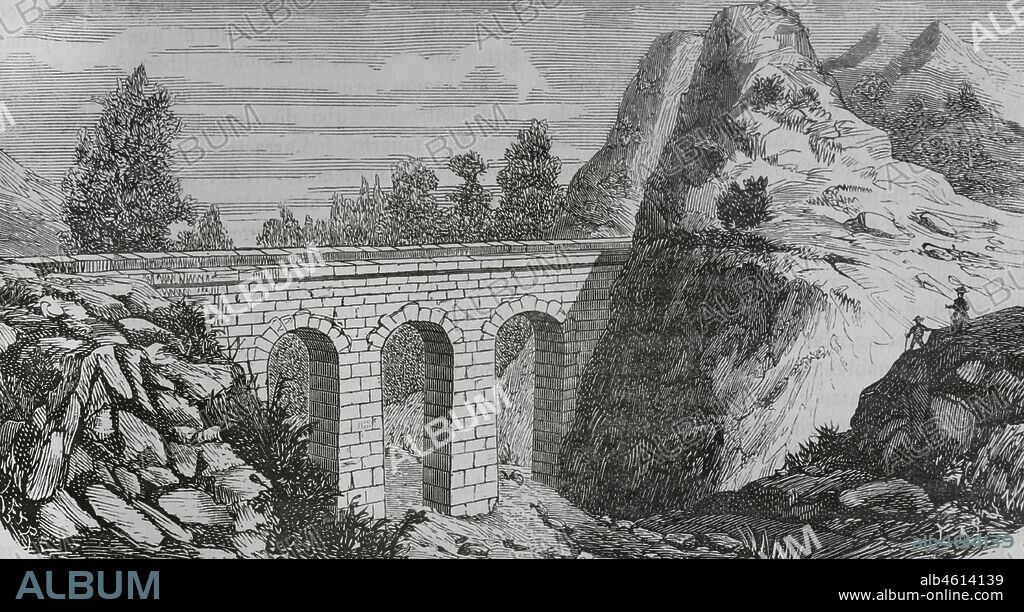 Historia de España. Provincia de Valencia. Vista del Acueducto de Peña Cortada. Cercanías de Chelva. Ilustración por Letre. Grabado por Capuz. Crónica General de España. Historia Ilustrada y Descriptiva de sus Provincias. Tomo Valencia,1867.