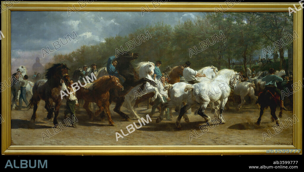 The Horse Fair. Artist: Rosa Bonheur (French, Bordeaux 1822-1899 Thomery). Dimensions: 96 1/4 x 199 1/2 in. (244.5 x 506.7 cm). Date: 1852-55.
This, Bonheur's best-known painting, shows the horse market held in Paris on the tree-lined Boulevard de l'Hôpital, near the asylum of Salpêtrière, which is visible in the left background. For a year and a half Bonheur sketched there twice a week, dressing as a man to discourage attention. Bonheur was well established as an animal painter when the painting debuted at the Paris Salon of 1853, where it received wide praise. In arriving at the final scheme, the artist drew inspiration from George Stubbs, Théodore Gericault, Eugène Delacroix, and ancient Greek sculpture: she referred to <i>The Horse Fair</i> as her own "Parthenon frieze.".