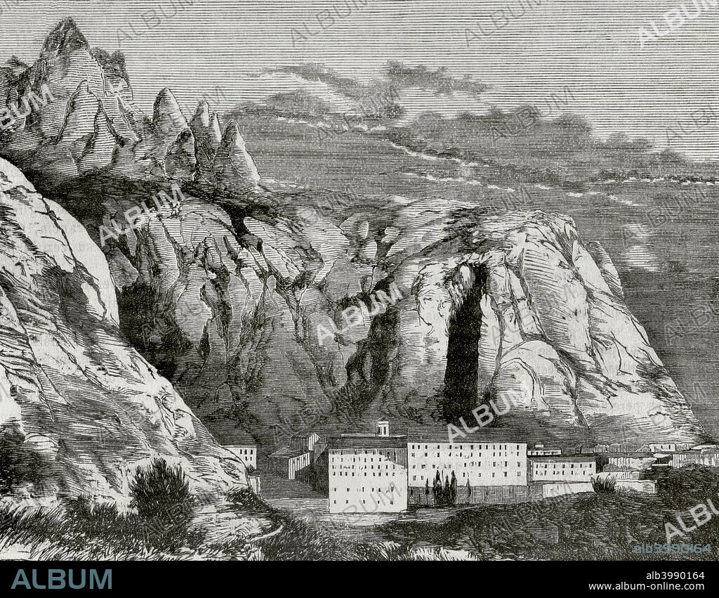 Vista del Monasterio de Montserrat. Provincia de Barcelona, Cataluña, España. Grabado. Crónica General de España, Historia Ilustrada y Descriptiva de sus Provincias. Cataluña, 1866. Biblioteca Histórico Militar de Barcelona. Cataluña, España.