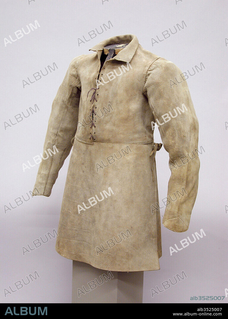 Buff Coat, 17th–18th century, European, Leather, string laces, L. 35 in. (88.9 cm), Costumes-Buff Coat, This sturdy leather defense called a buff coat, which provided effective protection against sword cuts, was worn throughout the seventeenth century, first in conjunction with armor and later alone. It is shown with an associated armor.
