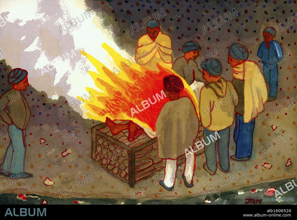 Cremation on the Ganges, 2008, John Newcomb, (b.20th C./American), Watercolor, Private Collection.