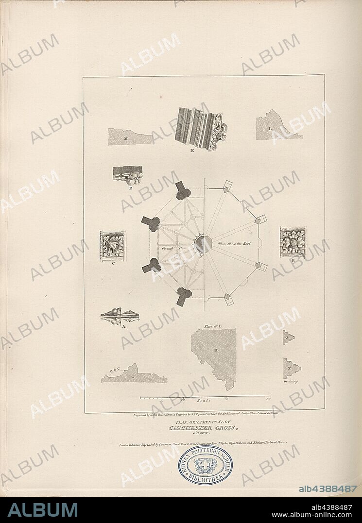 Plan, Ornaments etc. of Chichester Cross, Sussex, Floor plan and details of the Chichester Market Cross in Chichester, signed Engraved by John Roffe, from a Drawing by J. A. Repton, Fig. 37, p. 18, Repton, John Adey, (Drawing); Roffe, Richard (engr.), 1806, John Britton: The architectural antiquities of Great Britain: represented and illustrated in a series of views, elevations, plans, sections and details of various ancient English edifices: with historical and descriptive accounts of each. Bd. 1. London: J. Taylor, 1807-1826.