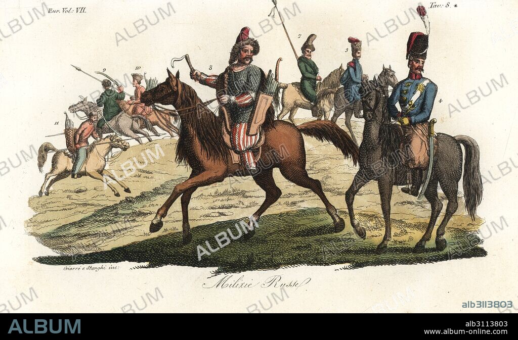 Russian military: Cossack officer 4, Bashkir archer 8, Kalmyk cavalry 9,10, and regular Cossacks 5,7,11. Handcoloured copperplate engraving by Giarre and Stanghi from Giulio Ferrario's Costumes Ancient and Modern of the Peoples of the World, Florence, 1847.